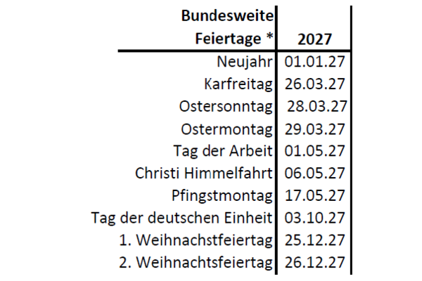 Urlaubsplaner 2027 Feiertage