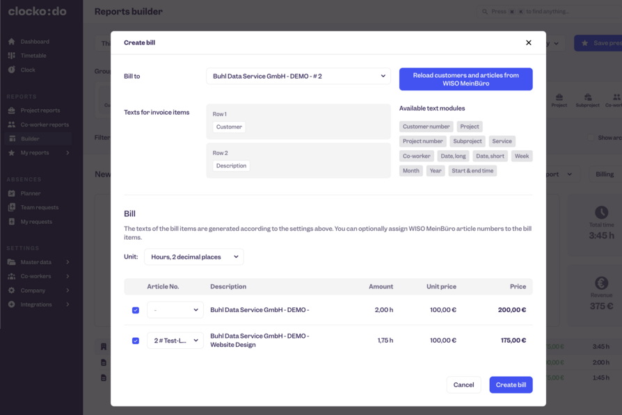 Create a bill in Clockodo