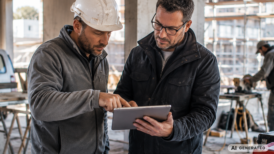 Architekt und Bauarbeiter prüfen gemeinsam Baupläne und Projektdaten auf einem Tablet auf einer Baustelle. KI-generiertes Bild