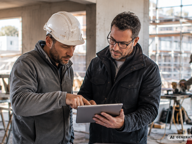 Architekt und Bauarbeiter prüfen gemeinsam Baupläne und Projektdaten auf einem Tablet auf einer Baustelle. KI-generiertes Bild