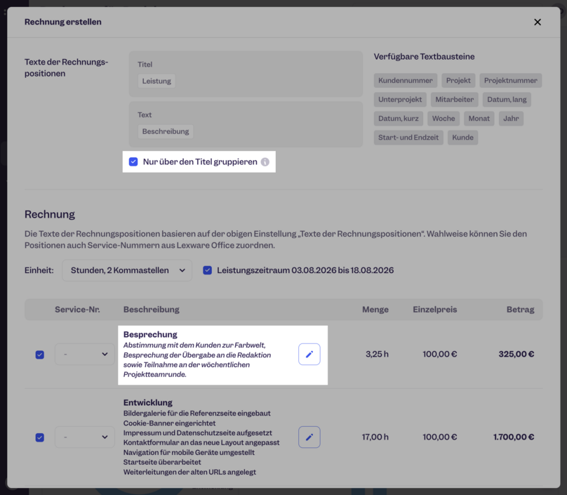Clockodo Rechnungsdialog Deutsch