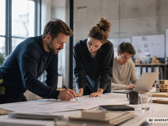 Nachtragsmanagement im Bau, Architekten vor Plänen und Laptop - KI-generiertes Bild