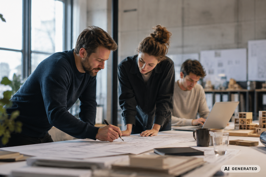 Nachtragsmanagement im Bau, Architekten vor Plänen und Laptop - KI-generiertes Bild