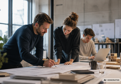 Nachtragsmanagement im Bau, Architekten vor Plänen und Laptop - KI-generiertes Bild