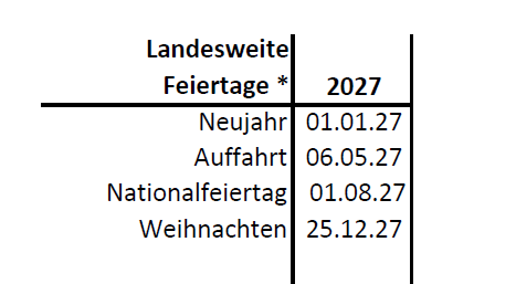 Ferienplaner Feiertage 2027