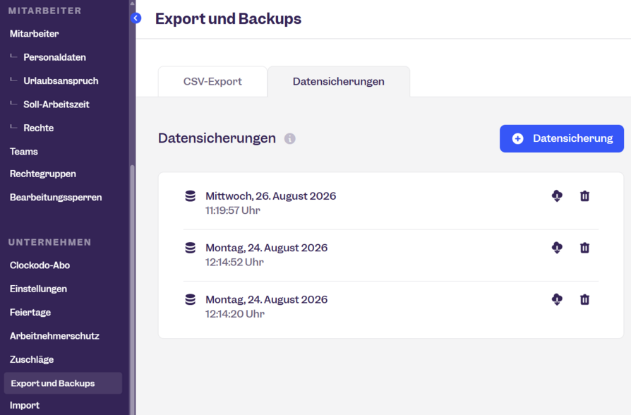 Datensicherung im Clockodo-Account
