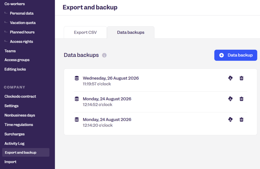 Data backup in Clockodo account