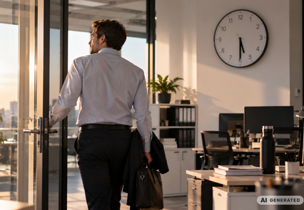 Mann verlässt das Büro nach einem Arbeitstag