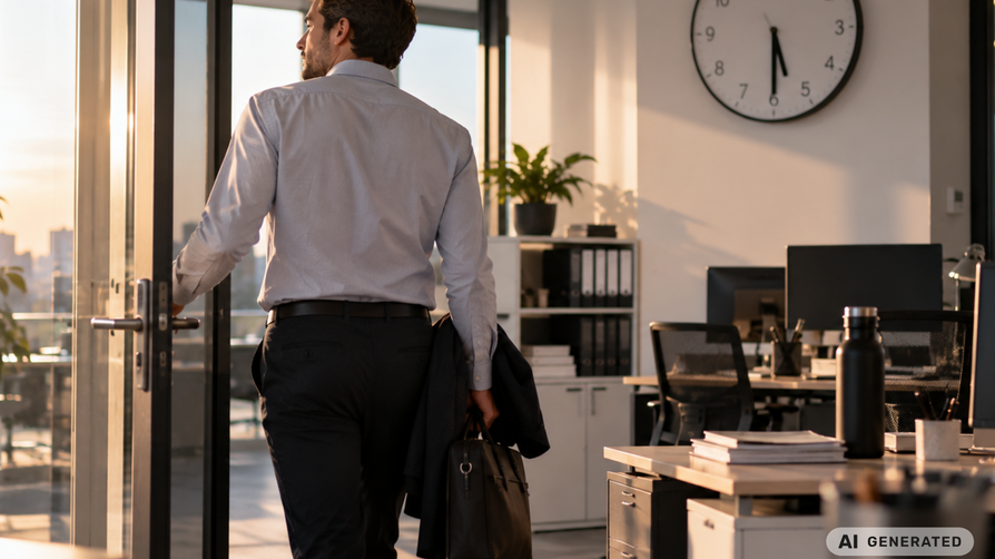 Mann verlässt das Büro nach einem Arbeitstag