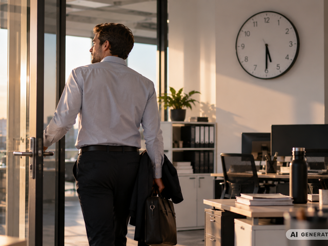 Mann verlässt das Büro nach einem Arbeitstag