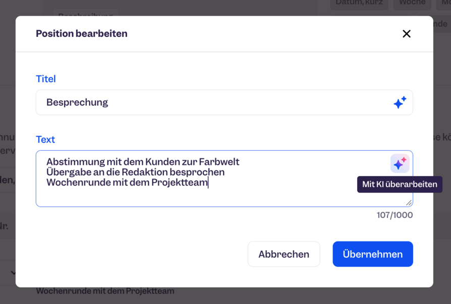 Clockodo Rechnungsposition Deutsch