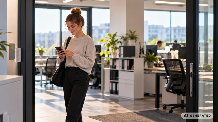 Eine Minijobberin erfasst ihre Arbeitszeit am Handy in einem Büro