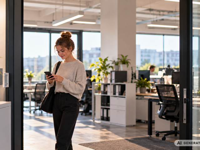 Eine Minijobberin erfasst ihre Arbeitszeit am Handy in einem Büro