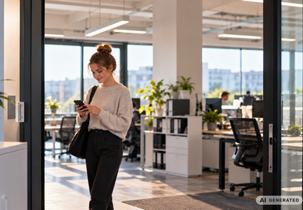 Eine Minijobberin erfasst ihre Arbeitszeit am Handy in einem Büro