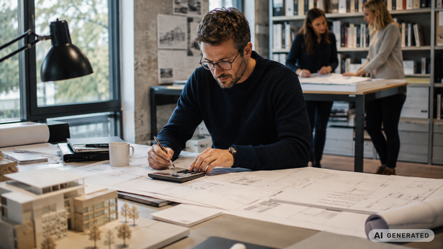 Architekt bei der Kalkulation an einem Schreibtisch mit Bauplänen und Architekturmodell, im Hintergrund besprechen zwei Kolleginnen einen Entwurf. KI-generiertes Bild