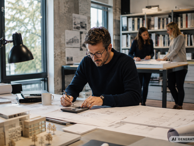 Architekt bei der Kalkulation an einem Schreibtisch mit Bauplänen und Architekturmodell, im Hintergrund besprechen zwei Kolleginnen einen Entwurf. KI-generiertes Bild