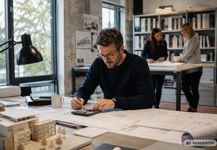 Architekt bei der Kalkulation an einem Schreibtisch mit Bauplänen und Architekturmodell, im Hintergrund besprechen zwei Kolleginnen einen Entwurf. KI-generiertes Bild