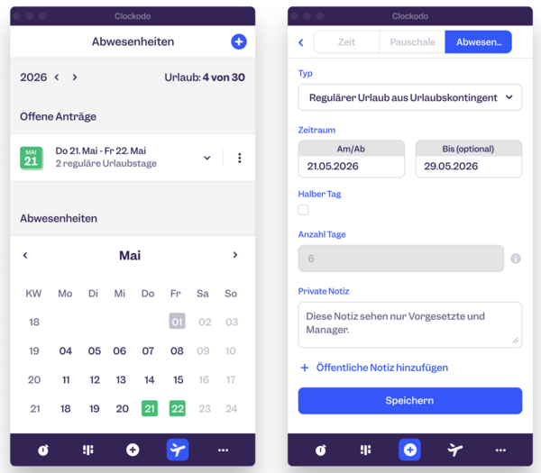 Clockodo Desktop App Abwesenheiten