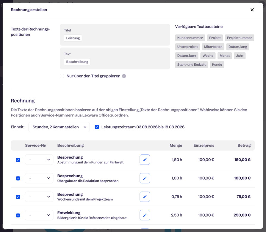 Clockodo Rechnungsdialog ohne Grupperierung Deutsch