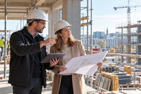Architekt steht mit Kunden auf der Baustelle zur Besprechung
