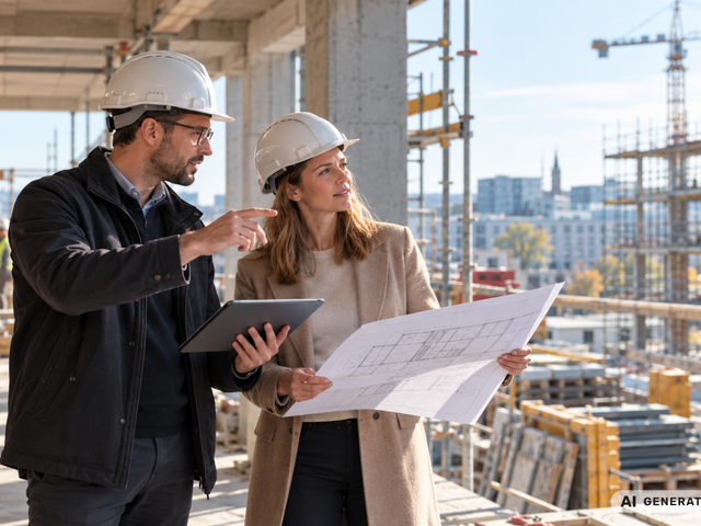 Architekt steht mit Kunden auf der Baustelle zur Besprechung