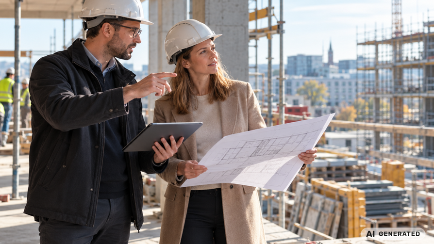 Architekt steht mit Kunden auf der Baustelle zur Besprechung