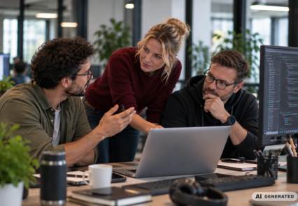 Drei Mitarbeiter diskutieren in einem Büro am Schreibtisch