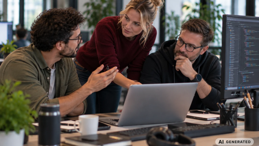 Drei Mitarbeiter diskutieren in einem Büro am Schreibtisch