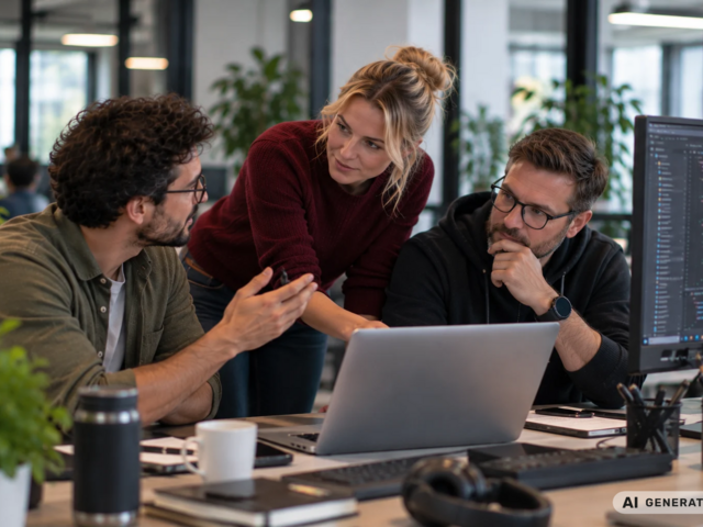 Drei Mitarbeiter diskutieren in einem Büro am Schreibtisch