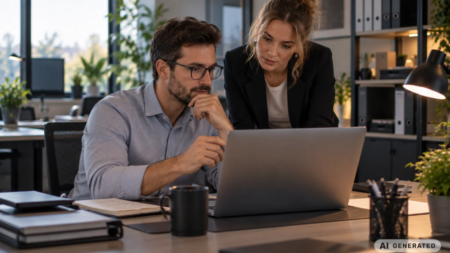 Zwei Mitarbeiter arbeiten am Laptop