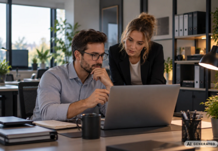 Zwei Mitarbeiter arbeiten am Laptop