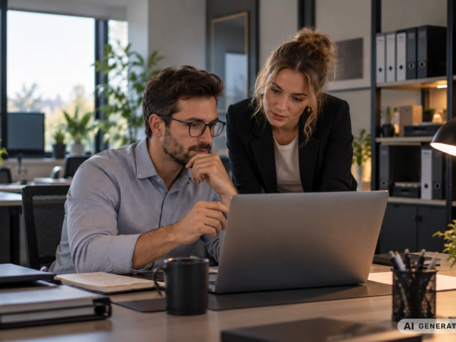 Zwei Mitarbeiter arbeiten am Laptop
